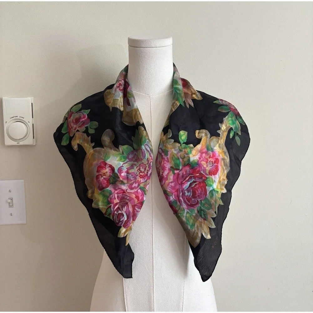 Vintage 100% Silk Scarf Echo Black Pink Green Vintage Retro 80s 90s 2000s Chic